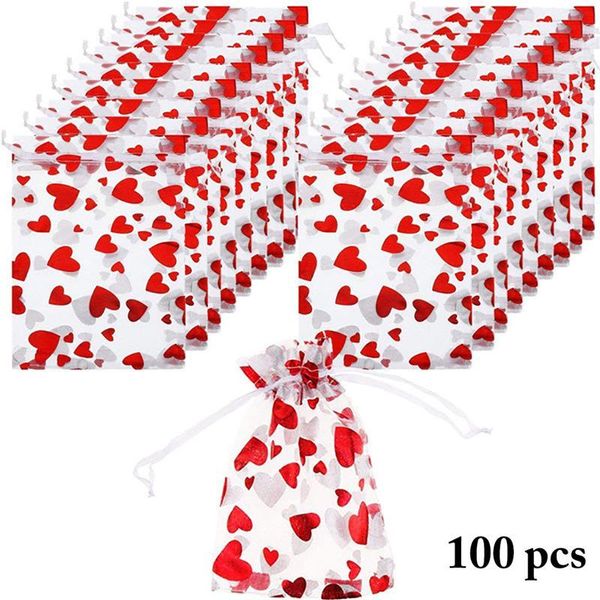 

50pcs/lot gauze heart jewelry packaging bag wedding party decoration favors drawable gift pouch for christmas