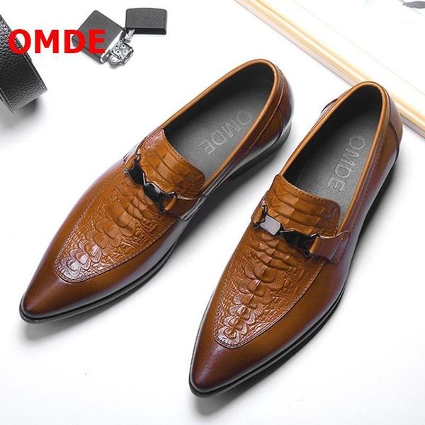 

omde summer pointed toe mens dress shoes genuine leather slip on formal shoes men business leather loafers wedding1, Black