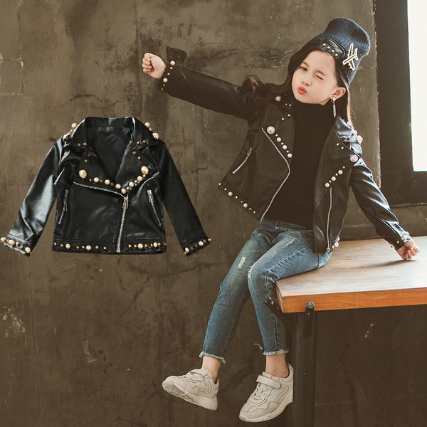 

2-7 year old girl pu jacket fashion lapel pearl rivet leather autumn and winter coat jacket 201118, Blue;gray