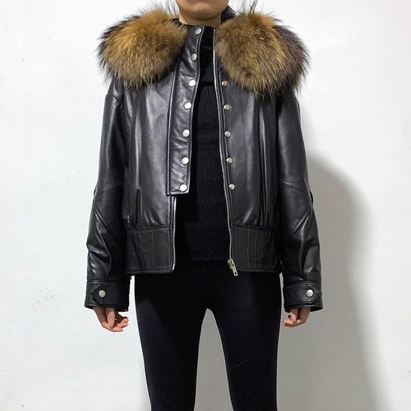 

women's leather & faux gl20102 women genuine jacket spring autumn real sheepskin coat with raccoon fur collar, Black
