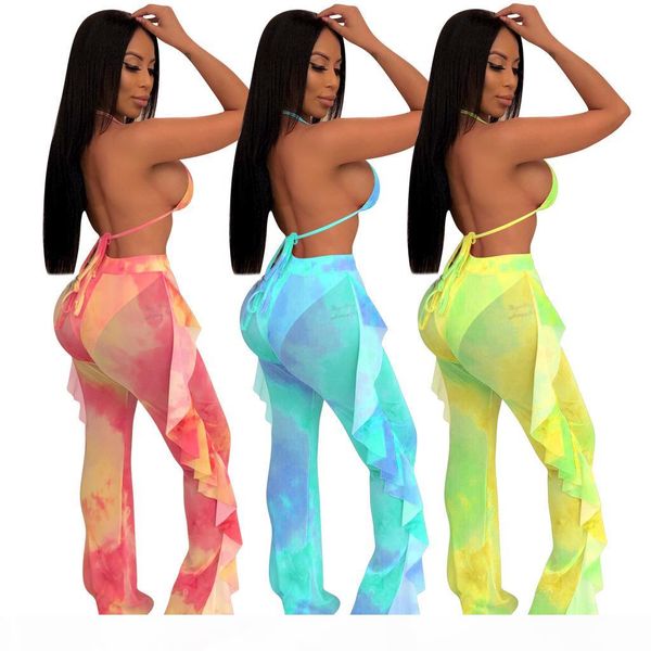 

summer women two piece pants set ruffled tie dyed print outfits mesh sheer lace up halter sports bra long pant pink blue yellow, White