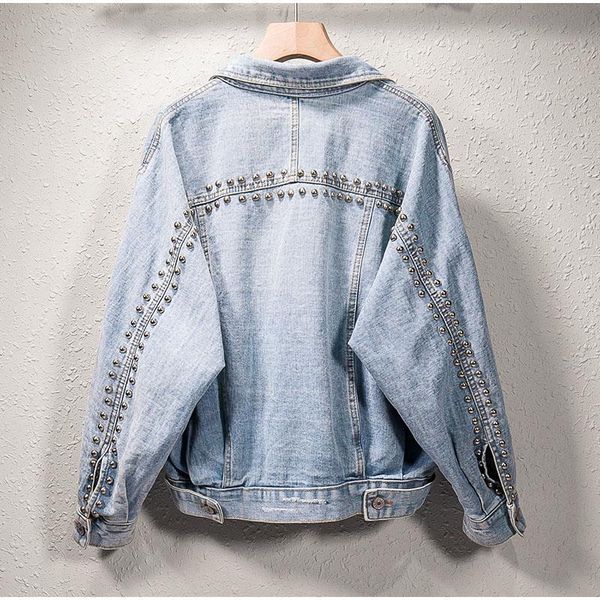 

women's denim jacket streetwear loose oversize coat ripped studded rivet jeans jackets holes casual outerwear plus size xl-5xl, Black;brown