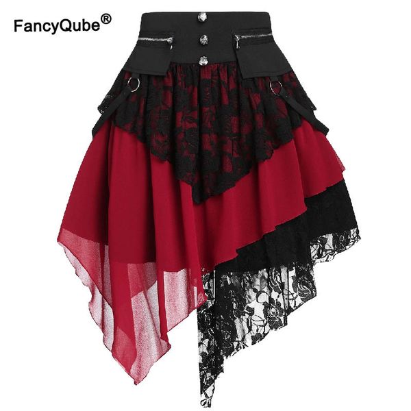 

curved hem lace skirt gothic punk zip pocket women high waist criss patchwork rock belt short retro skirt for girls plus size lj201029, Black;gray