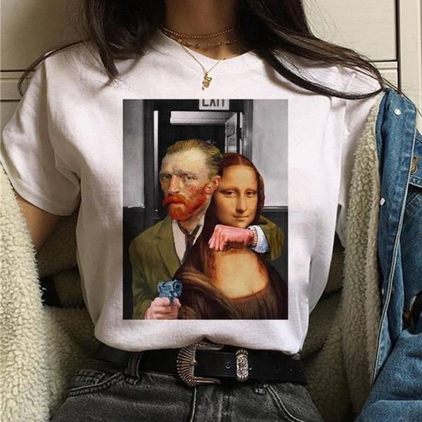 

mona lisa t shirt harajuku women 90s funny vintage tshirt ullzang graphic cartoon t-shirt korean style tees female aesthetic, White