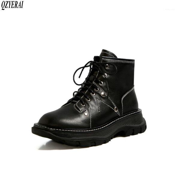 

qzyerai new autumn winter genuine leather women boots ankle fashion boots motorcycle female women shoes cowhide1, Black