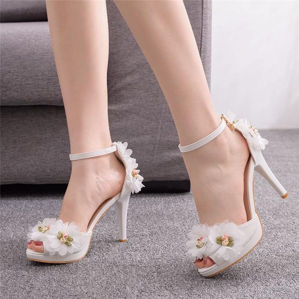 

evening shoes luxury sandals fish mouth women's white flower sandals one-word buckle casual wedding women's shoes, Black