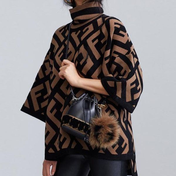

women designers clothes 2020 women designers sweaters ff turtleneck bat sleeve loose size sweater before and after the long sweater woman, Black