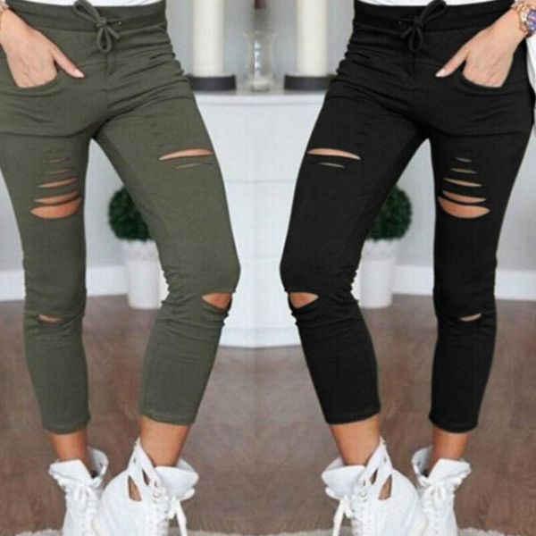 

women's jeans skinny women denim pants holes destroyed knee pencil casual trousers black white stretch ripped, Blue