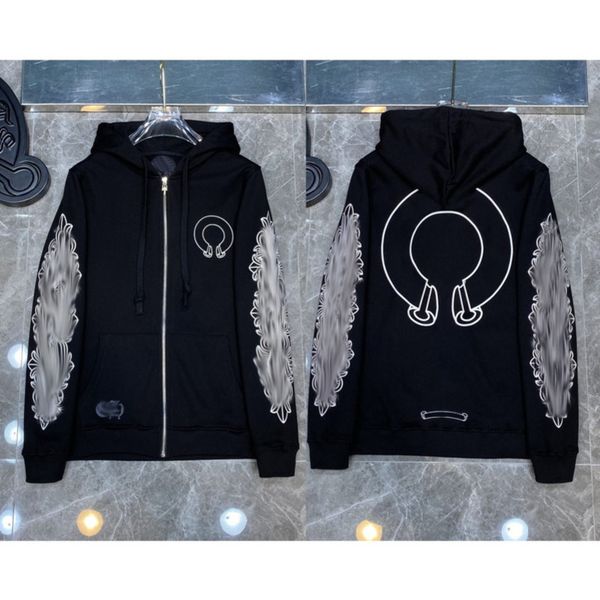 

classic luxury designer fashion hoodies mens zipper horseshoe sanskrit cross print pullover hooded sweatshirts sweater woman loose jackts cz, Black
