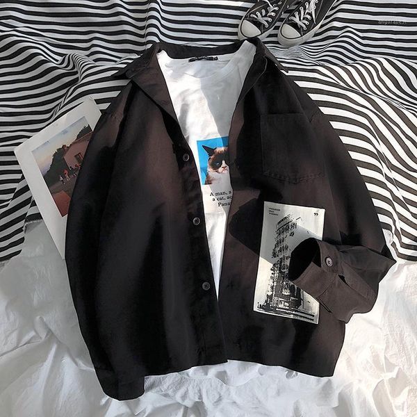 

2020 spring and autumn new youth popular personality label lapel long sleeve shirt fashion casual loose jacket coat black -5xl1, White;black