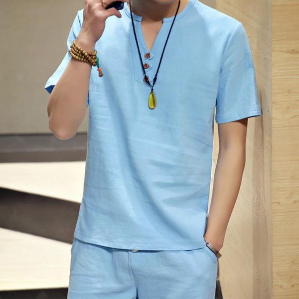 

t shirt men 2020 summer new fashion solid v-neck casual short-sleeved t-shirt men comfortable tees chinese style trend tang suit, White;black