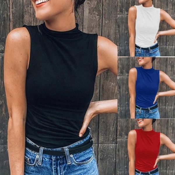 

2020 women sleeveless turtleneck solid casual t shirt plus size lady simple style pure color shirt underwear 4 colors1, White