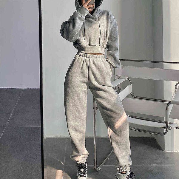 

women's tracksuit crop hoodies two pieces set high waist pullover hooded joggers suit female autumn lady sportwear sets 220105, White