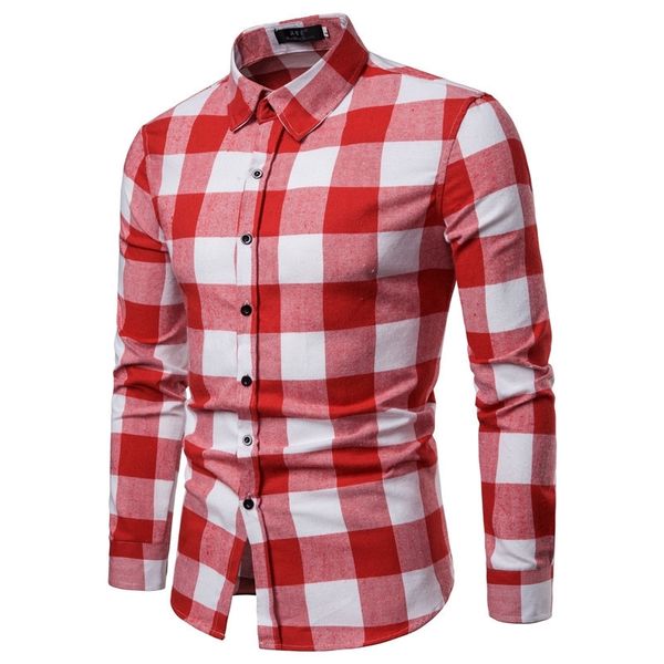 

summer white red checkered casual shirts men shirts long sleeve camisa masculina chemise homme cotton male check shirts 201120, White;black