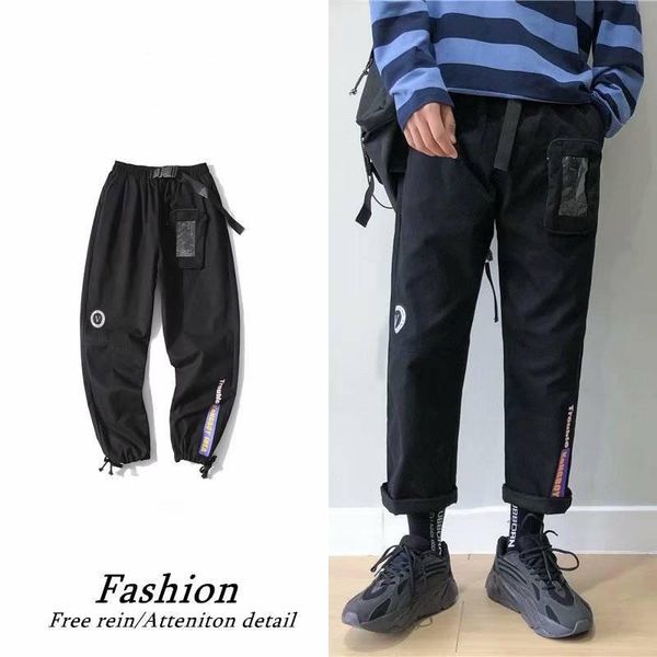 

men's pants hip hop streetwear men joggers pccket casual cargo pant trousers cool high street elastic waist harem, Black