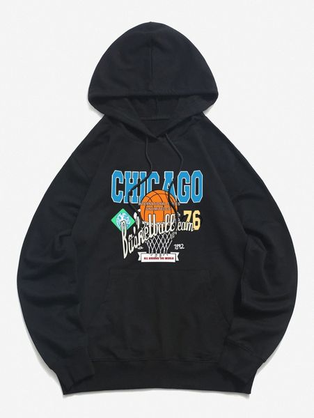 

romwe guys letter basketball graphic kangaroo pocket hoodie v5va#, Black