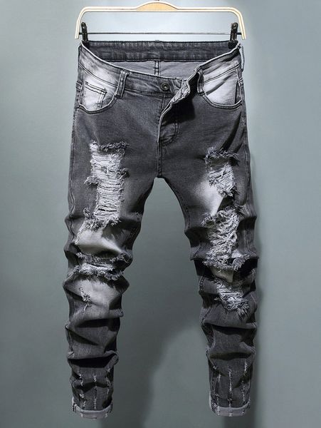 

men bleach wash ripped frayed tapered jeans w8a4#, Blue