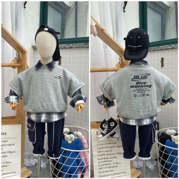 

and autumn korean children's winter plush plaid shirt vt two piece suit, Black