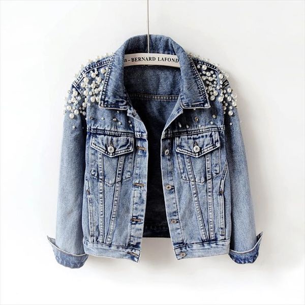 

denim jacket women new autumn womens jean jackets pearl casual denim jacket 2019 women coat long sleeve outerwear, Black;brown