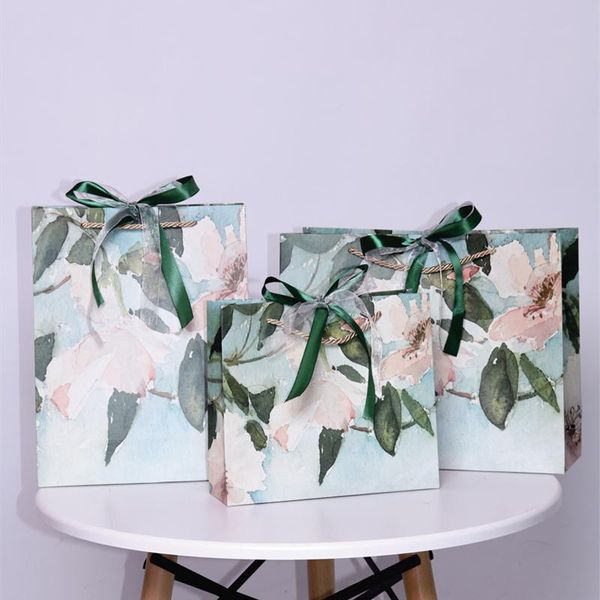 

stobag 5pcs protable paper bag gift baking biscut packaging decoration new year gift handle bag with ribbon oil painting flower wmtyfy