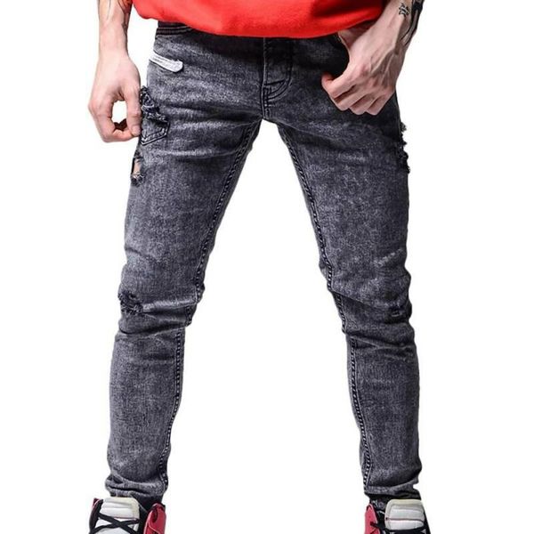 

mens jeans denim hole decorated slim fit biker casual daily pants man jeans pockets casual grey stretch pencil trousers#2, Blue