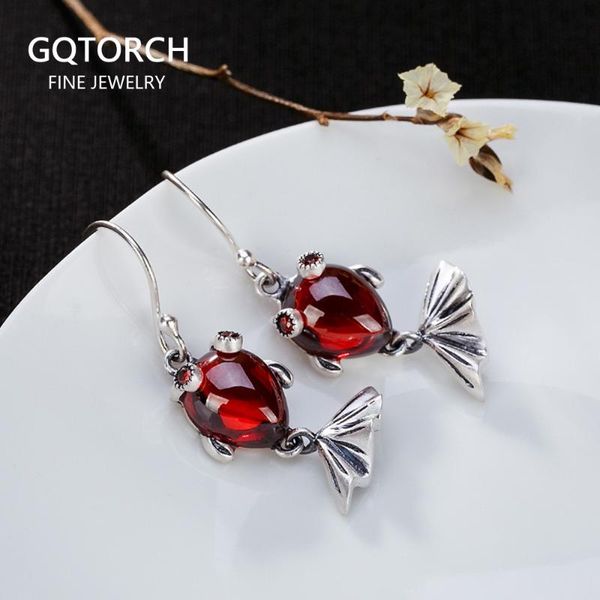 

dangle & chandelier 925 sterling silver red garnet fish earrings for women ethnic goldfish with natural stones fine jewelry