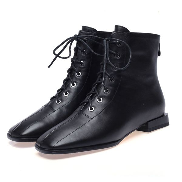 

2021 new female boots genuine high-quality leather heels lace up toe fashion black ankle 42 tjit