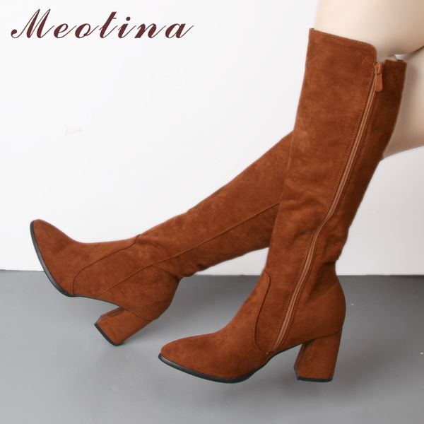 

meotina winter knee high boots women thick high heel boots pointed toe boots zipper ladies long shoes black brown big size 33-46 lj201130