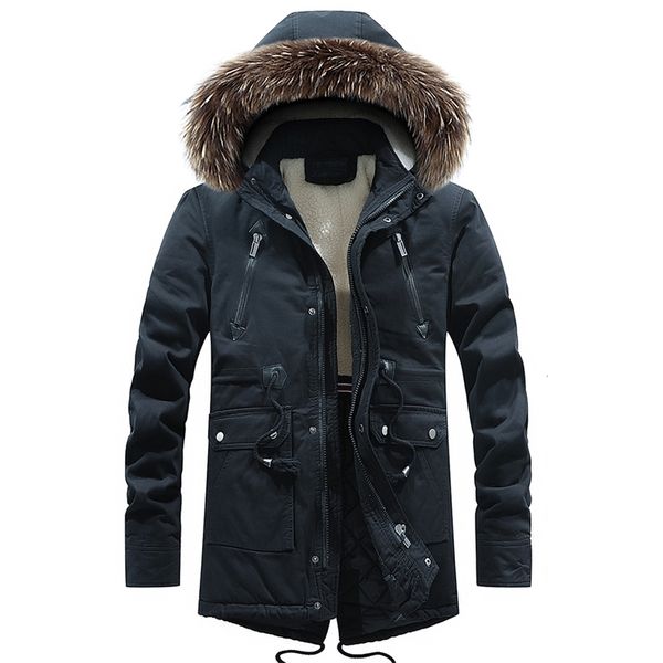 Oumor Winter Männer Casual Lange Pelz Kragen Mit Kapuze Fleece Jacke Parkas Männer Marke Outfit Mode Warme Dicke Tasche Parkas Männer 201204