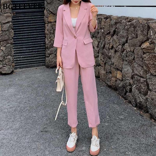 

bgteever women 2 pieces set casual single button blazer jacket & elastic high waist lace-up female straight leg pant 2020 summer1, White;black