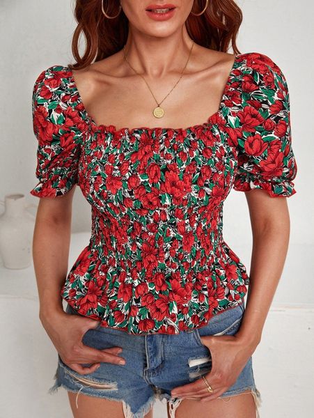 

puff sleeve shirred allover floral peplum l9yw#, White