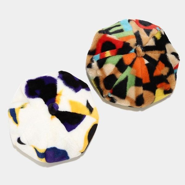 

women winter fluffy plush warm octagonal beret cap colorful graffiti letters printing vintage artist painter beanis hat, Blue;gray