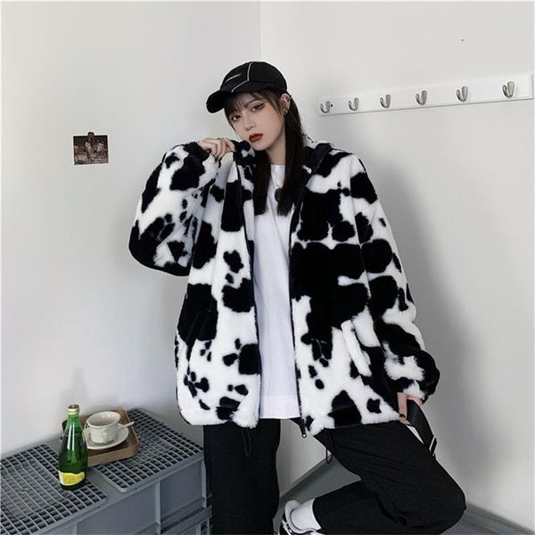 

korean winter new fashion coat harajuku cows printing loose full sleeve leather jacket vintage flannel keep warm cotton clothes, Black;brown