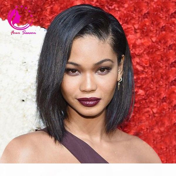 

human hair lace front wigs 130% density yaki straight brazilian virgin hair full lace short bob wig for black women, Black;brown