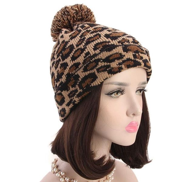 

women winter knitted beanie hat ear warmer vintage leopard pattern jacquard stretch cuffed ski skull cap with pom pom, Blue;gray
