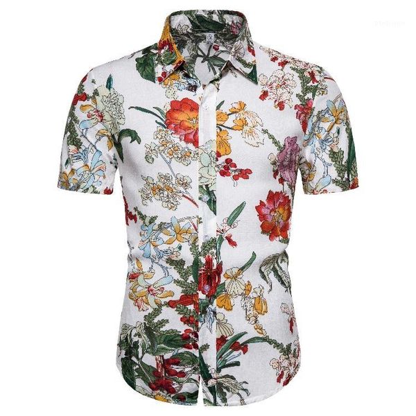 

casual dress men shirts slim fit flower short sleeve hawaiian shirt for men floral party stage summer new1, White;black