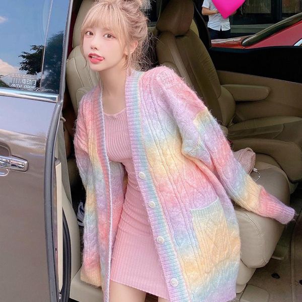 

rainbow knit cardigan autumn and winter sweet kawaii sweater jacket women korean button cardigan autumn 2020 women, White