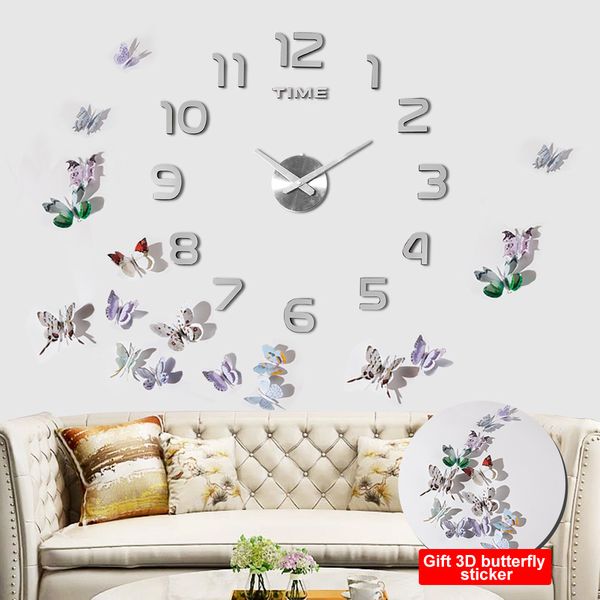 3D акриловые часы зеркало наклейки часы стены DIY творческие часы домашнее украшение кварцевые часы / бесплатно для отправки 3D бабочка стикер Y200407