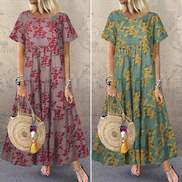 

women's summer sundress 2020 zanzea fashion printed maxi dress casual short sleeve tunic vestidos female o neck robe oversized1, Black;gray