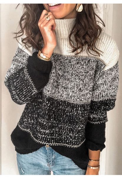 

2021 american autumn/winter new striped mixed color sewing turtleneck high contrast versatile male mesh sweater lruy, White;black