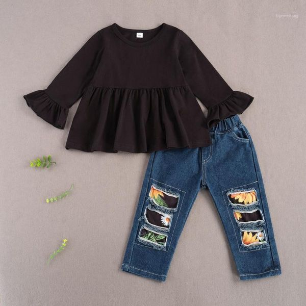 

children girls new fashion clothing a-line and denim pant baby girls clothes sets long sleeve o-neck t-shirts kids jeans1, White