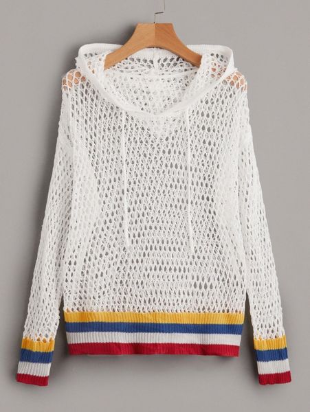

striped trim hollow out hooded cover up v7ig#, White;black