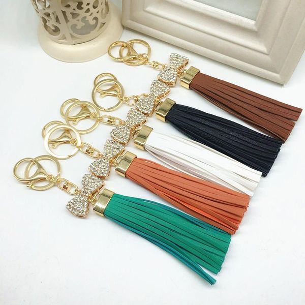 

new gold leather tassel keychain for women crystal bowknot keyring bag charm for keys porte cle llavero sleutelhanger eh583 h wmtolh