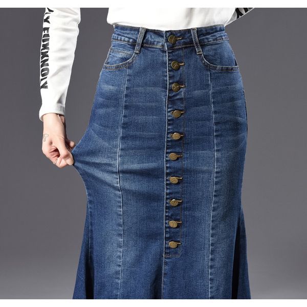

plus size flare women denim trumpet mermaid skirt spring autumn jeans bodycon ankle long skirts button f jllnnv, Black