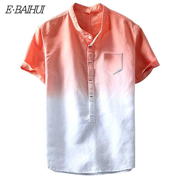 

e-baihui new fashion gradient color shirts short sleeve men streetwear shirts casual chest pocket men summer g033, White;black