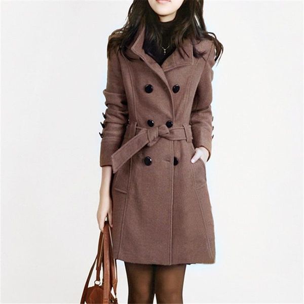 

women woolen coat plus size fashion lapel slim long overcoat windbreaker with belt autumn winter warm button woolen long coat1, Black