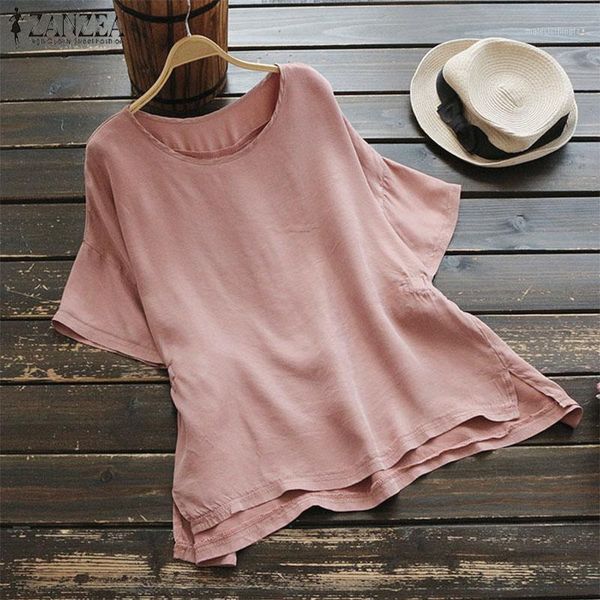 

women's blouses & shirts 2021 plus size zanzea summer solid blouse women short flare sleeve vintage cotton shirt blusas female tunic c, White