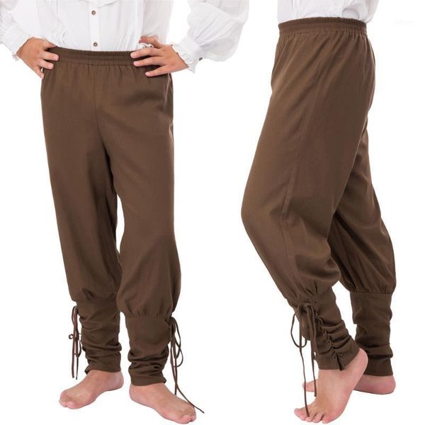 

men pants medieval renaissance elastic waist pants solid color vintage clubwear party gothic steampunk lace-up ankle trousers1, Black