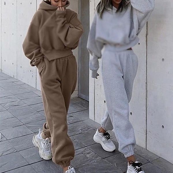 

women solid two piece sets 2 pieces set outfit suits autumn winter hooded long sleeve pullovers ladies lace up sweatshirt, Gray