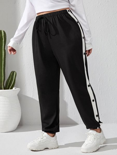 

plus button detail contrast side seam sweatpants k3cg#, Black